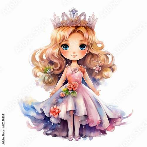 Cute cartoon little girl in princess dress with a crown on her head, watercolor illustration, isolated on white. Generative AI