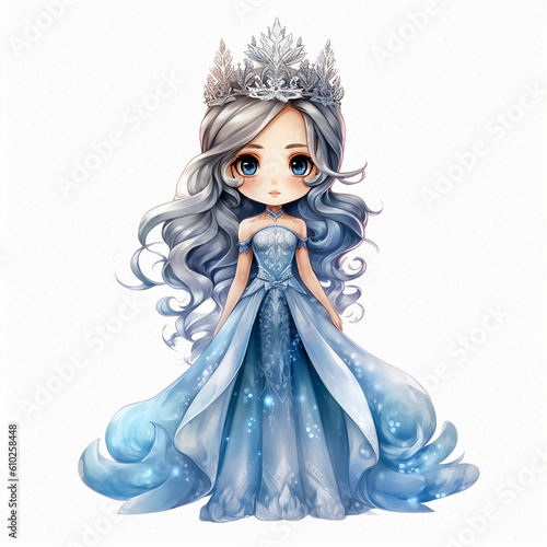 Cartoon illustration of cute little princess in blue dress and crown, isolated on white background. Generative AI