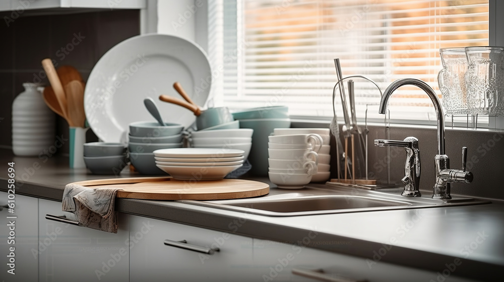 Efficiency in Action, Organized Clean Dishes by the Kitchen Sink on the Counter. Generative AI Efficiency in Action, Organized Clean Dishes by the Kitchen Sink on the Counter. Generative AI