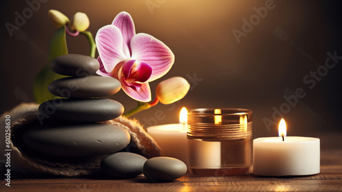 Spa  beauty treatment and wellness background with massage stone  orchid flowers  towels and burning candles. Generative AI