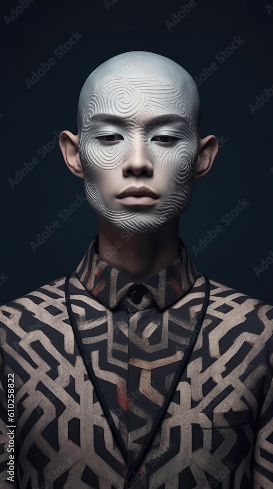 An illustration of a fashion portrait of a man combined with abstract art., AI Generated