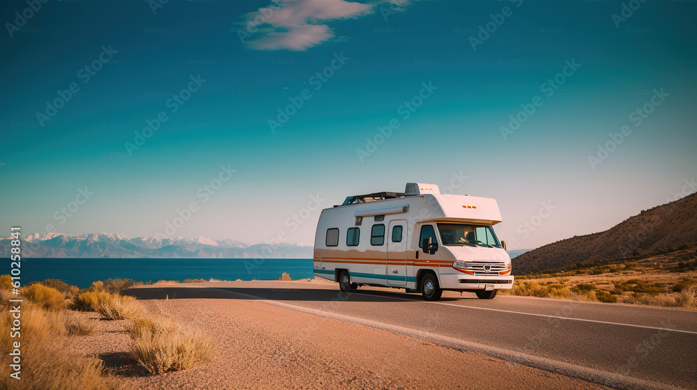 Road adventures on a campervan, an exotic kind of outdoor recreation. Generative AI