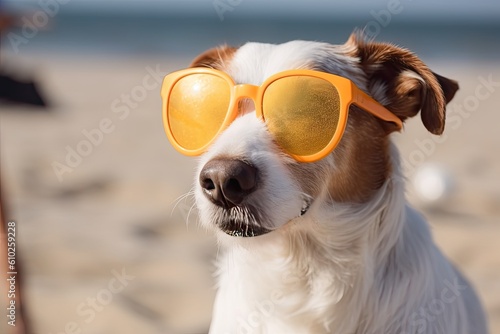 Funny dog with colorful glasses on the beach. Generative AI © Gelpi