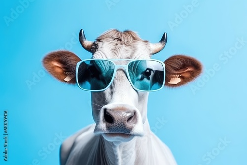 Sunglasses-clad cow against blue backdrop  surreal animal portrait. Generative AI