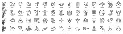 Business teamwork, team building and human resources line icons. Vector illustration
