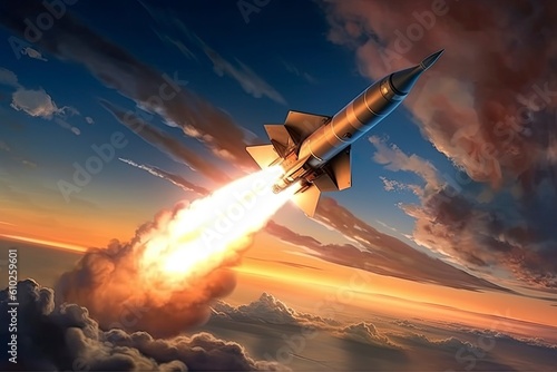 The illustration of a supersonic or hypersonic rocket launched from the ground goes through the sunset clouds, leaving behind flames and smoke in its wake. Generative Ai.  photo