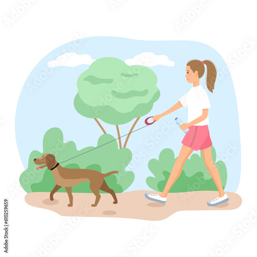 woman walking her dog, brisk walking, healthy lifestyle
