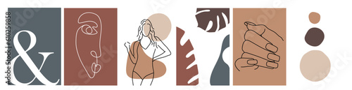 collection of simple minimalist modern posters with linear silhouette of a woman in a swimsuit, abstract portrait, manicure, monstera on the background