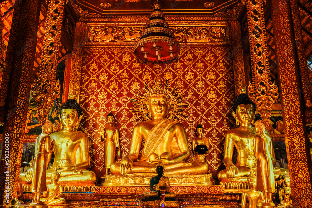 golden buddha statue in meditation posture, Thai temple