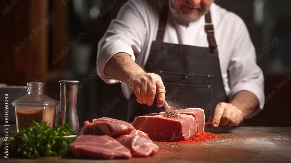 A Butcher Expertly Prepared Pork Meat in the Kitchen. Generative AI