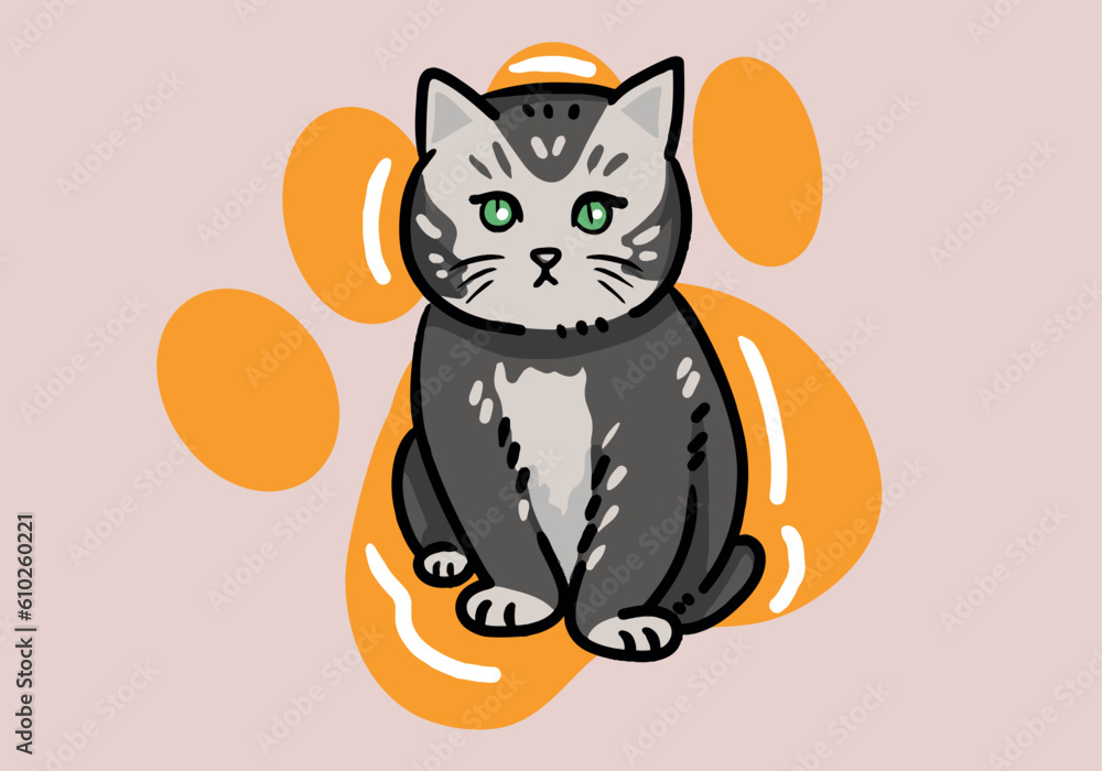 Cute hand drawn grey cat, fluffy fur, and exaggerated features. Cute adorable big eyes kitty kitten cat Cute hand drawn grey cat, fluffy fur, and exaggerated features. Cute adorable big eyes kitty kitten cat