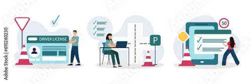 Set of young people getting driver license. Lady sitting near laptop and learning rules at school. Woman looking at road signs and answers questions, passing test. Flat vector illustration