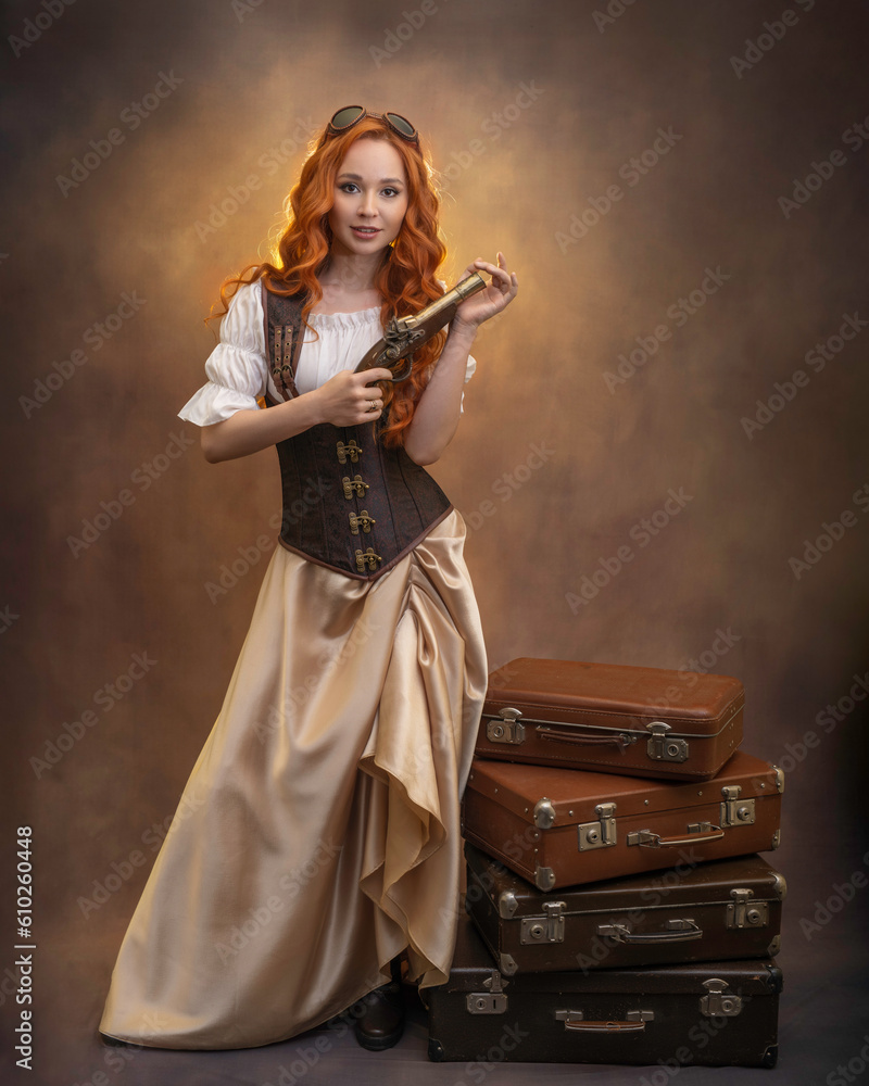 Red-haired girl in a steampunk outfit with a gun and suitcases