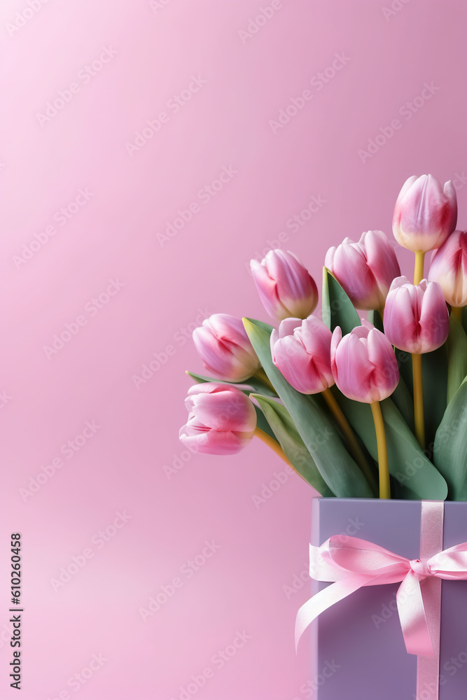 A bouquet of pink tulips in a purple gift box. Generative AI. Copy space, place for text.