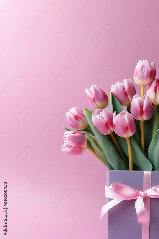 Fototapeta premium A bouquet of pink tulips in a purple gift box. Generative AI. Copy space, place for text.