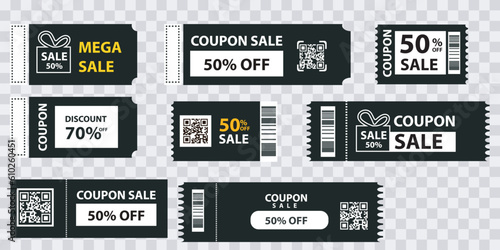 Sales Vouchers. Coupon symbol design for sale and giveaway event posting on social media, discount tickets collection