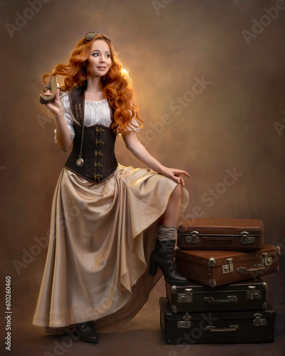 Red-haired girl in a steampunk outfit with vintage suitcases