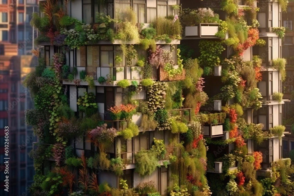 Scene showcasing a balcony garden with colorful flowers and hanging planters in an urban apartment. Generative AI