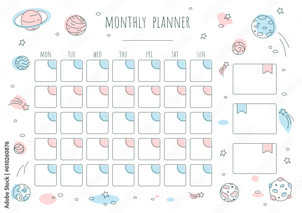 Cute monthly planner with stars and planets Cute monthly planner with stars and planets