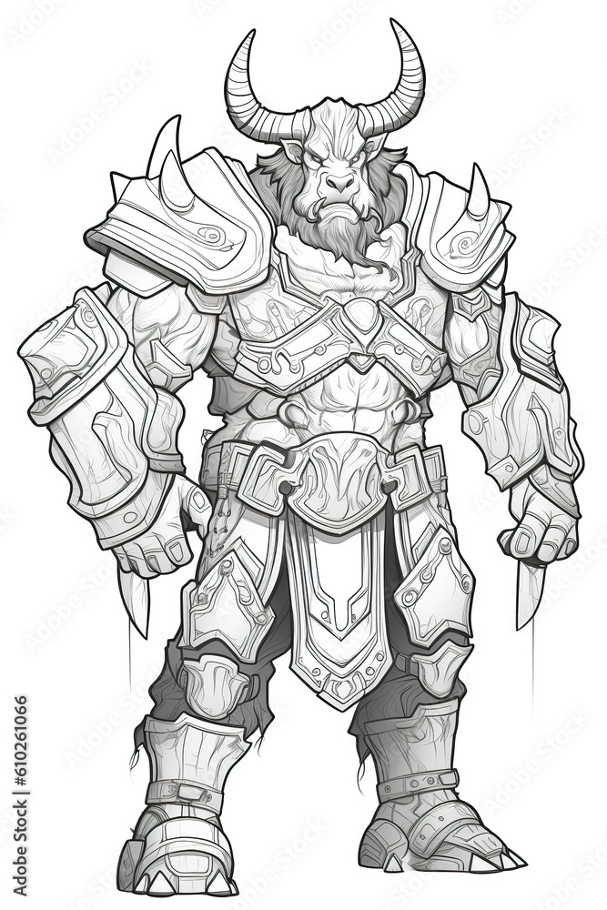 Obraz premium A drawing of a Minotaur, a bull man with horns and armor. Coloring page for kids. Generative AI.