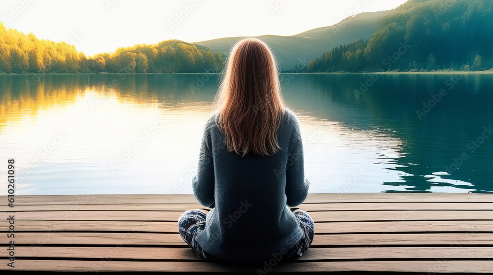Morning Meditation by the Lake with Young Woman, Embracing Wellbeing and Wellness in Nature's Embrace. Generative AI.