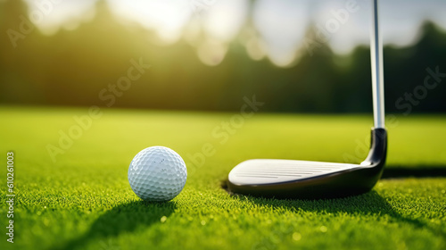 Golf ball and golf club in beautiful golf course at sunset background, Generative AI
