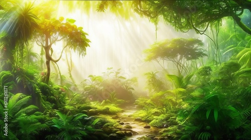 Immerse Yourself in the Beauty of a Fairytale Rainforest, Where Sunbeams Illuminate a Tropical Paradise. Generative AI. © Happy Hues