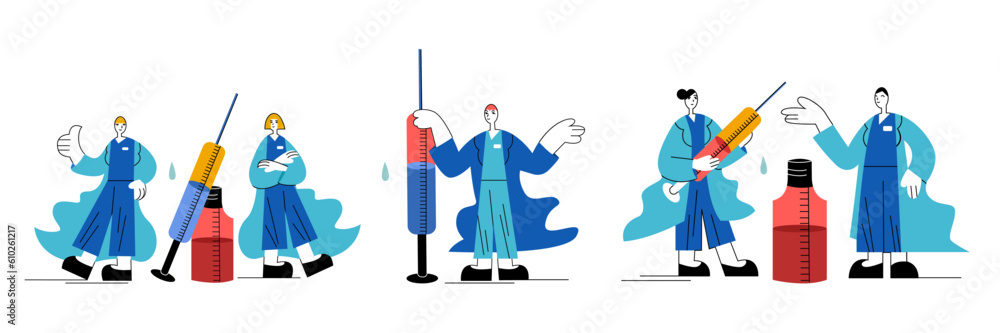 Set of cartoon medical workers in protective clothes holding syringe with vaccine. Time to get vaccinated against disease. Protection from coronavirus outbreak. Vector illustration Set of cartoon medical workers in protective clothes holding syringe with vaccine. Time to get vaccinated against disease. Protection from coronavirus outbreak. Vector illustration