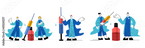 Set of cartoon medical workers in protective clothes holding syringe with vaccine. Time to get vaccinated against disease. Protection from coronavirus outbreak. Vector illustration
