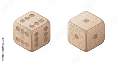 Lucky and unlucky game dices with wooden texture. 3D casino clipart. Isolated vector and PNG illustration on transparent background.