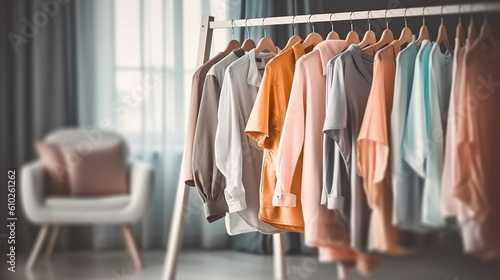 Collection of clothes hanging on rack in dressing room. Generative AI