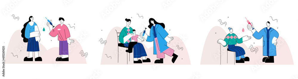 Set of doctors in protective clothes holding syringe and vaccinates patients. Disease protection for adults and children. Time to get vaccinated. Vector illustration in blue colors