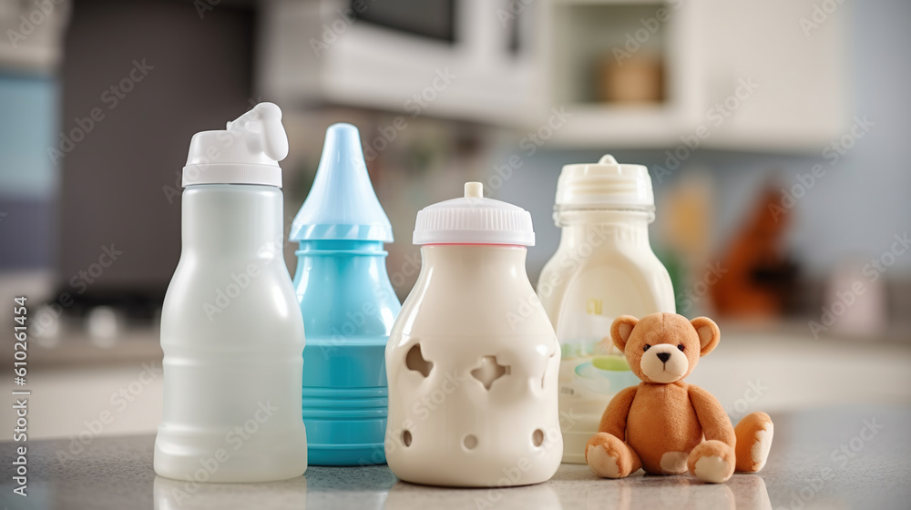 A Charming Table Setting with Baby Bottles and Toys in the Kitchen. Generative AI