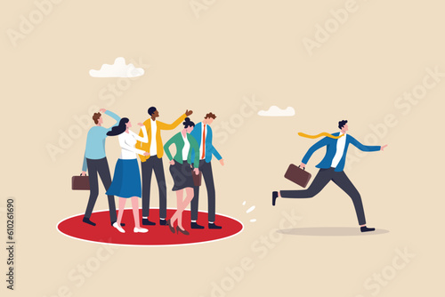 Initiative or unique attitude for leadership, courage or determination to get out of safe zone, limitation or entrepreneurship concept, courage businessman jump out of comfort zone to new chance.