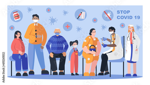 Men and women waiting for their turn to get vaccinated in hospital. Vaccination and virus protection for young, senior people and children concept. Flat illustration in blue colors