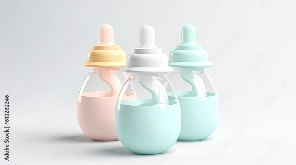 Empty baby bottles isolated on white, generative AI.