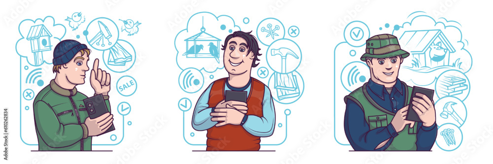 Set of cartoon characters searching for products in online store. Men choose tools for repair bird house and booth. Men order tools via mobile phone. Flat vector illustration in blue colors