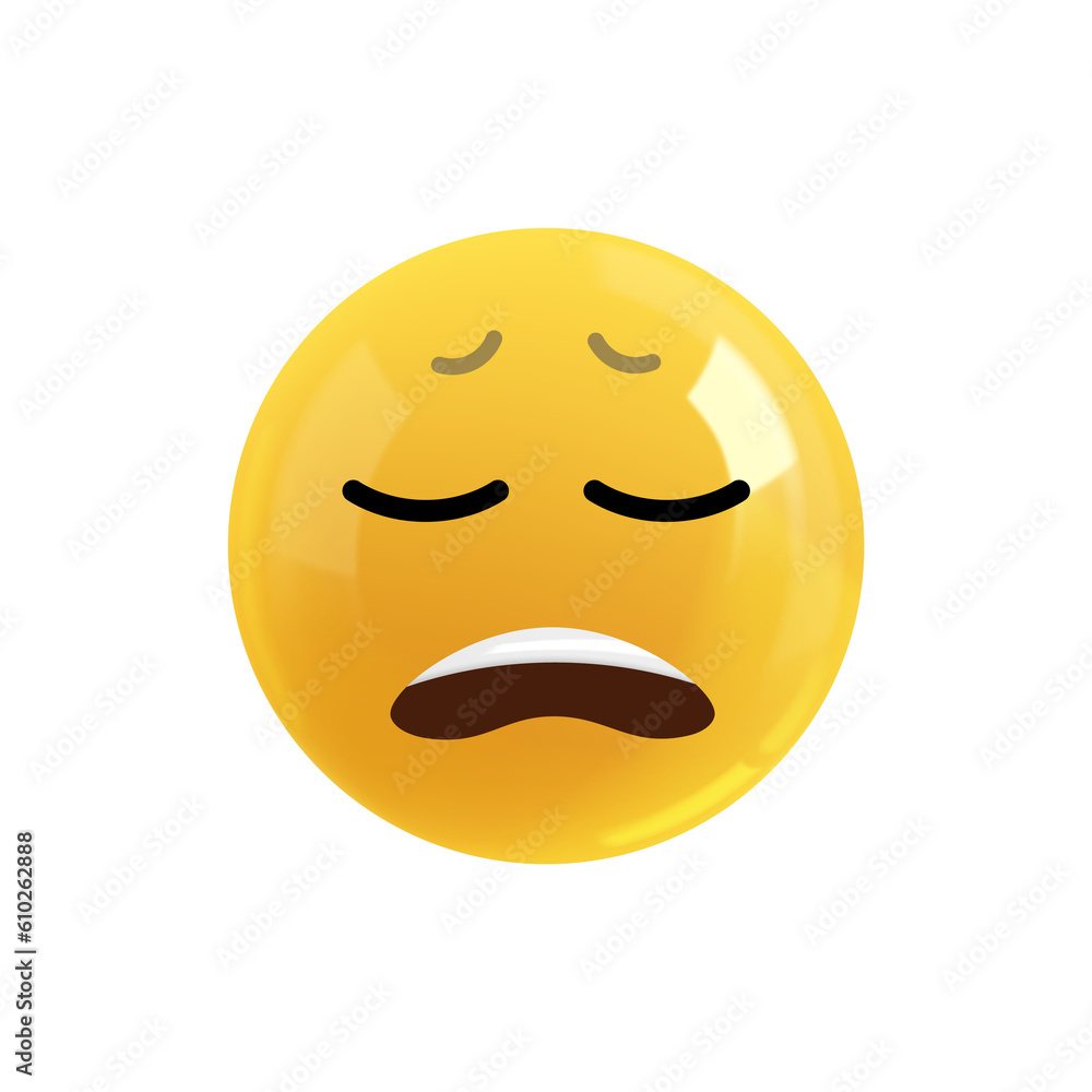 Fototapeta premium Emoji face upset in hysterics. Realistic 3d Icon. Render of yellow glossy color emoji in plastic cartoon style isolated on white background. Illustration. PNG