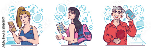 Sporty cartoon women choosing goods online. Ladies looking for sports equipment for tennis. Ordering and choosing products via smartphone. Flat vector illustration in blue and red colors