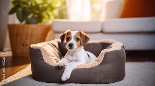 A Cute and Funny Pup Finds Comfort in its Dog Bed at Home. Generative AI