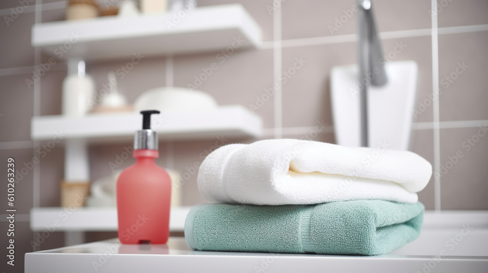 Refreshing Essentials, Clean Towels and Soap Dispenser Perfectly Arranged on the Bathroom Shelf. Generative AI Refreshing Essentials, Clean Towels and Soap Dispenser Perfectly Arranged on the Bathroom Shelf. Generative AI