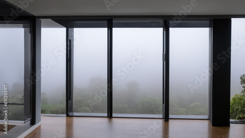 View from a modern house into a moody, foggy junglescape