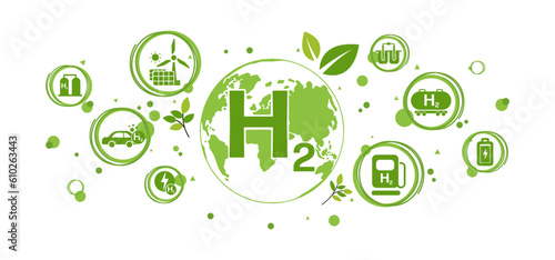The concept of clean Hydrogen Energy with icons, changing the CO2 fuel cell to H2 switching to clean hydrogen energy with friendly and sustainable development for environment and alternative lifestyle