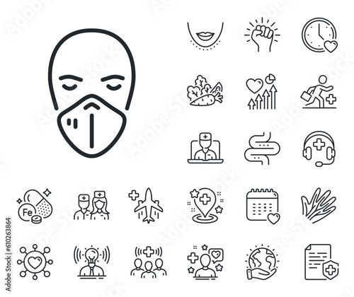 Safety breathing respiratory mask sign. Online doctor, patient and medicine outline icons. Medical mask line icon. Coronavirus face protection symbol. Medical mask line sign. Vector