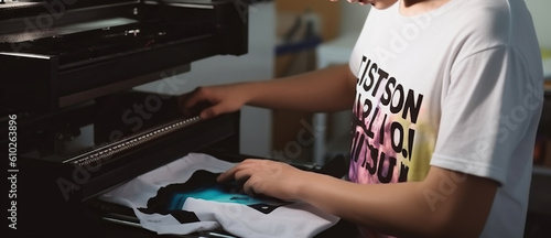 Artistry in Action, Young Man Showcasing T-Shirt Printing Skills at Workshop. Generative AI