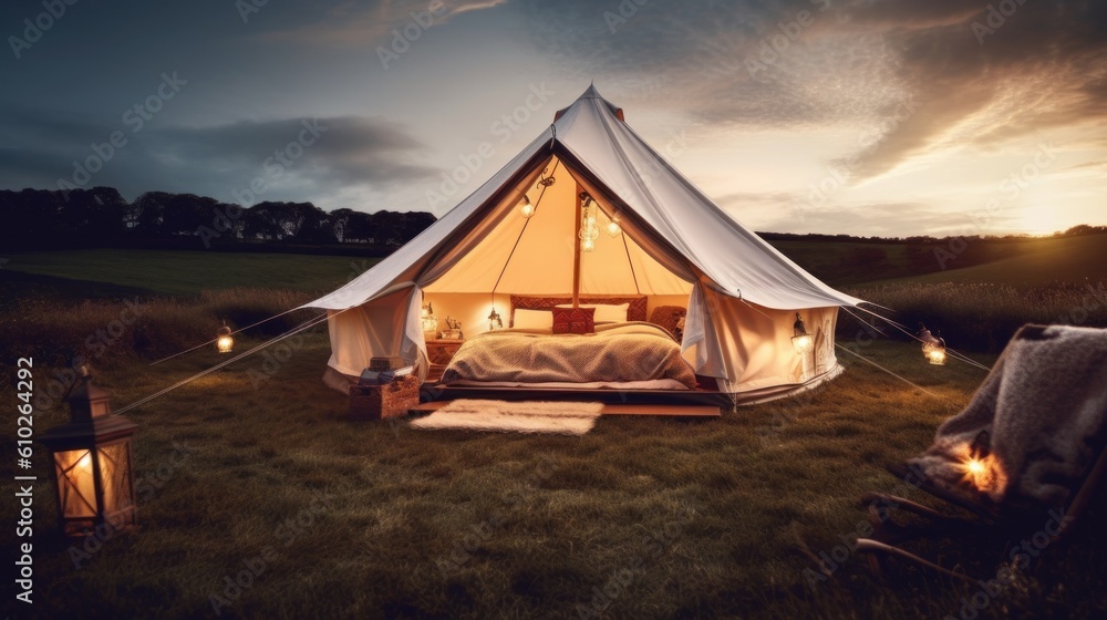 Minimalist glamping concept with luxurious and glamorous camping. Generative AI