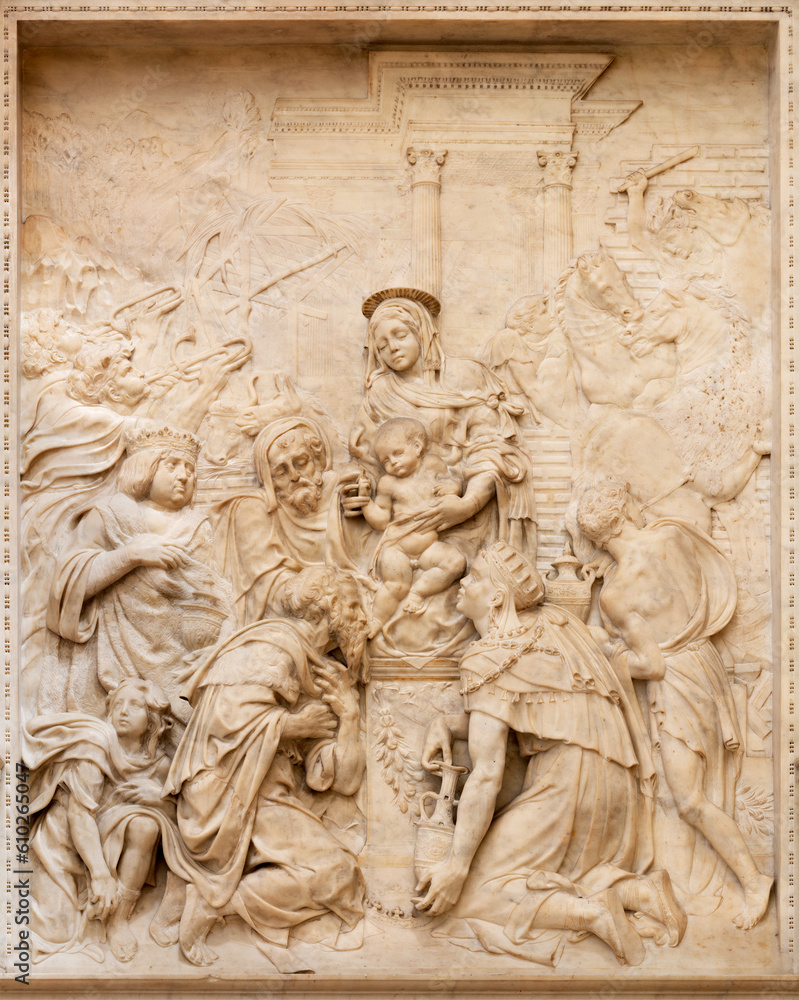 NAPLES, ITALY - APRIL 23, 2023: The marble relief of Three Magi in the church Chiesa di San Giovanni a Carbonara  by Giovanni Domenico D’Auria from beginn of 16. cent.