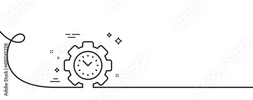 Time management line icon. Continuous one line with curl. Clock sign. Gear symbol. Time management single outline ribbon. Loop curve pattern. Vector