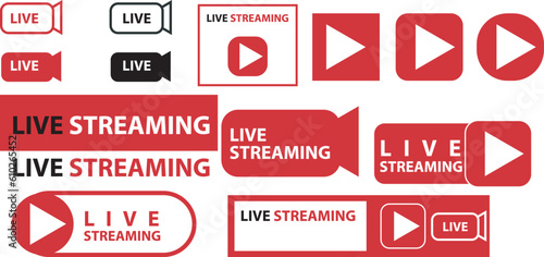 Live streaming icon set. Red symbol and button live streaming, broadcasting, online streaming. Templates