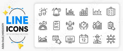 Winner, Timer and Annual calendar line icons set for app include Music making, Reminder, Lgbt outline thin icon. Musical note, Infochart, Growth chart pictogram icon. Diagram graph, Dao. Vector